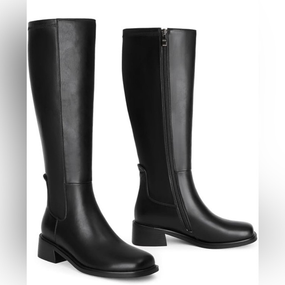 Knee High Faux Leather Elastic Low Heel Square Toe Side Zipper Tall Boots Size 9 - Picture 3 of 9